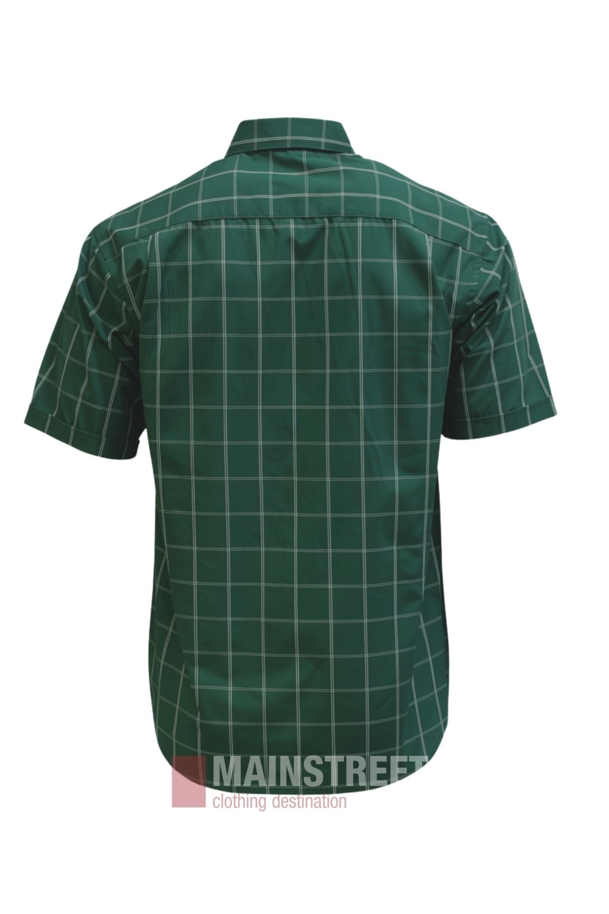 Green short-sleeve button-up polyester cotton shirt with white windowpane checks, shown from the back. The “MAINSTREET clothing destination” logo appears near the bottom of the image—this classic Bisley Countryman Short Sleeve Shirt is perfect for a refined yet relaxed look.