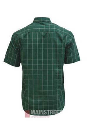 Green short-sleeve button-up polyester cotton shirt with white windowpane checks, shown from the back. The “MAINSTREET clothing destination” logo appears near the bottom of the image—this classic Bisley Countryman Short Sleeve Shirt is perfect for a refined yet relaxed look.