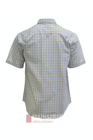 Back view of the Bisley Countryman Short Sleeve Shirt, a button-up shirt featuring a blue, yellow, and white plaid pattern. Crafted from a durable polyester/cotton blend and displayed on a white background. A small logo reading “clothing destination” appears at the bottom.