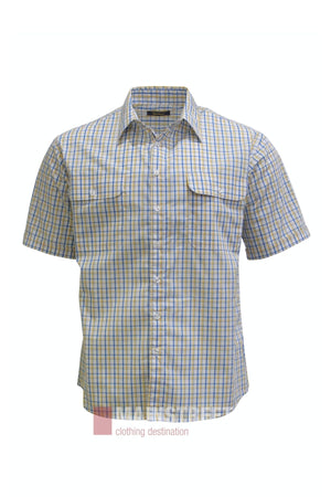 Bisley Countryman Short Sleeve Shirt featuring a blue and yellow checkered pattern, short sleeves, a single chest pocket, and crafted from a durable polyester/cotton blend, displayed on a white background.