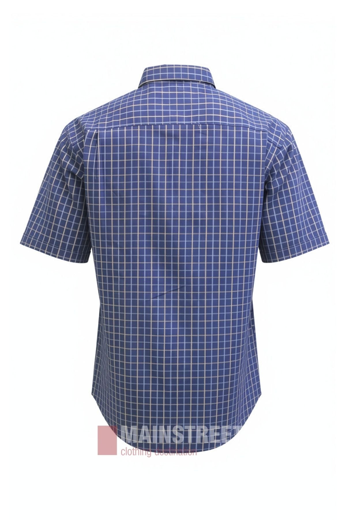Back view of the Bisley Countryman Cotton Short Sleeve Shirt, crafted from soft cotton with a blue button-up design and white checkered pattern, displayed against a plain white background.