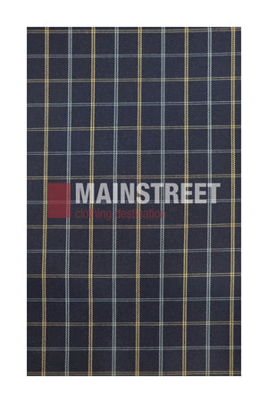 The Bisley Countryman Cotton Short Sleeve Shirt, in navy blue cotton, features a grid pattern of yellow and light blue lines with the words “MAINSTREET clothing destination” displayed prominently in bold white and red text across the center.