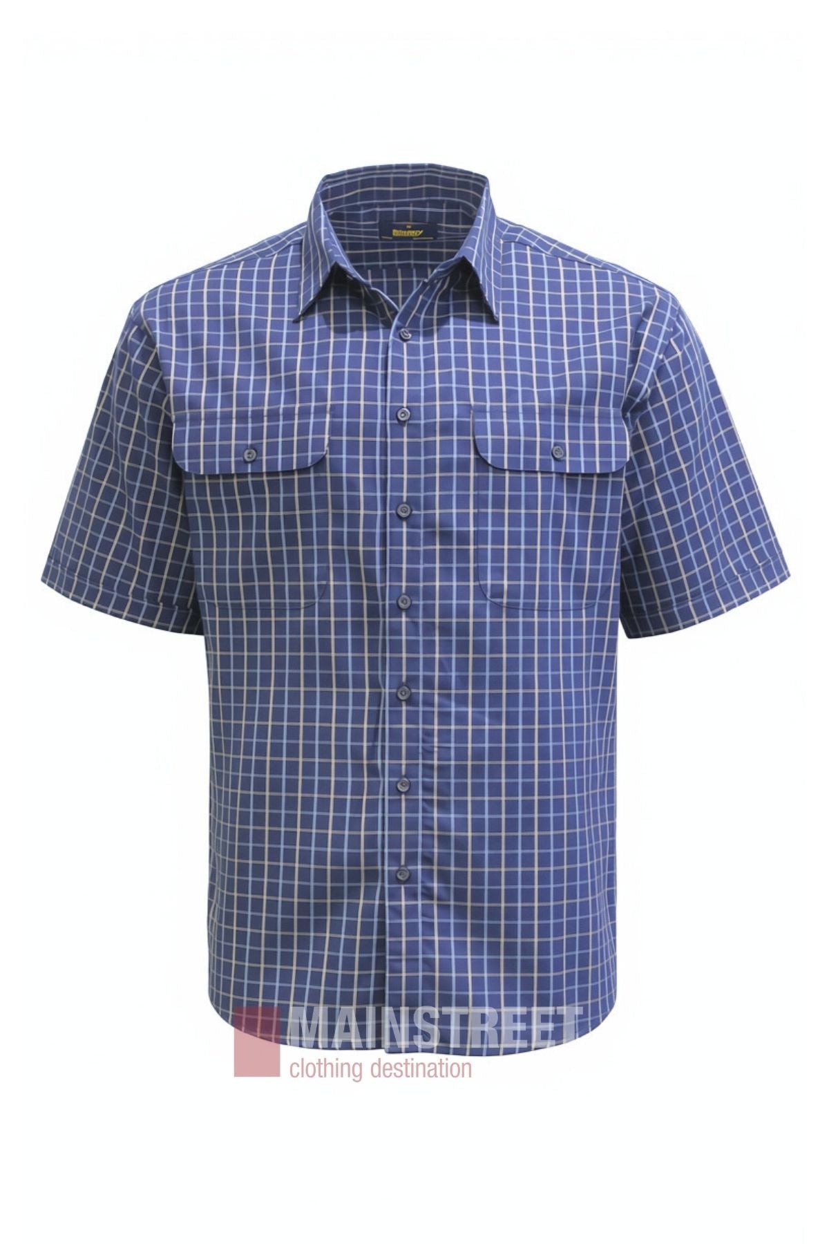 The Bisley Countryman Cotton Short Sleeve Shirt is a blue, short-sleeve button-up with a white checkered pattern, two flap chest pockets, and a classic collar, shown against a plain white background.