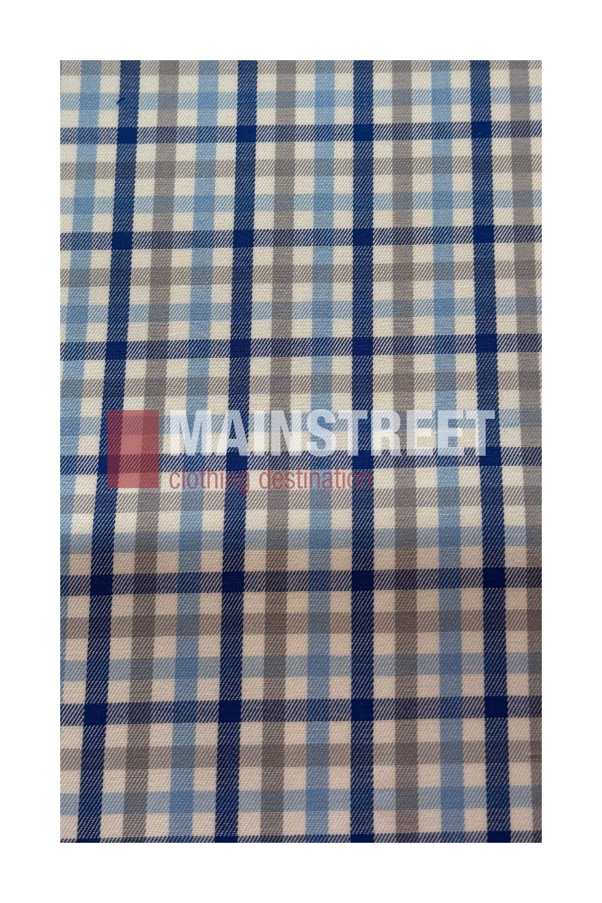 The Bisley Countryman Cotton Short Sleeve Shirt features a blue, beige, and white plaid fabric accented with fine gray lines. “MAINSTREET clothing destination” is boldly displayed in white and red text across the pattern, giving this classic short sleeve shirt a stylish and distinctive flair.