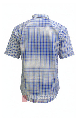 Bisley Countryman Cotton Short Sleeve Shirt featuring a blue, white, and purple plaid pattern, displayed from the back.