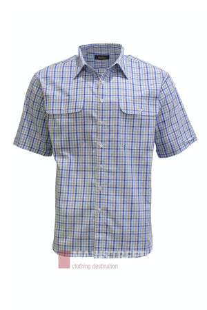 Bisley Countryman Cotton Short Sleeve Shirt in a blue, green, and white plaid pattern, featuring a button-up front and two chest pockets, displayed on a white background.