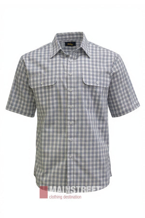 The Bisley Countryman Cotton Short Sleeve Shirt is a button-up plaid shirt in white with blue and gray checks, featuring two chest pockets and a collar. It is displayed on a plain white background.