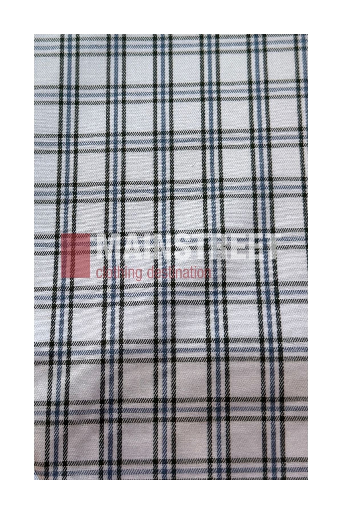 White fabric featuring a blue and black crisscross plaid pattern captures the timeless look of the Bisley Countryman Cotton Short Sleeve Shirt; faint watermark text appears in the center.