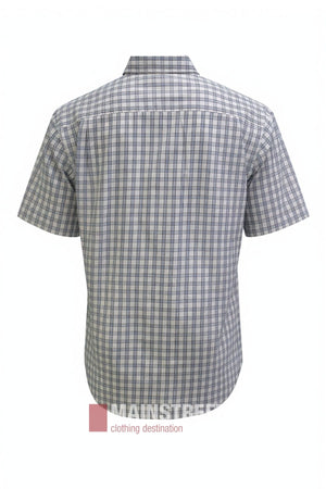Back view of the Bisley Countryman Cotton Short Sleeve Shirt, showcasing short sleeves and a classic blue and white checkered pattern, displayed on a plain white background.