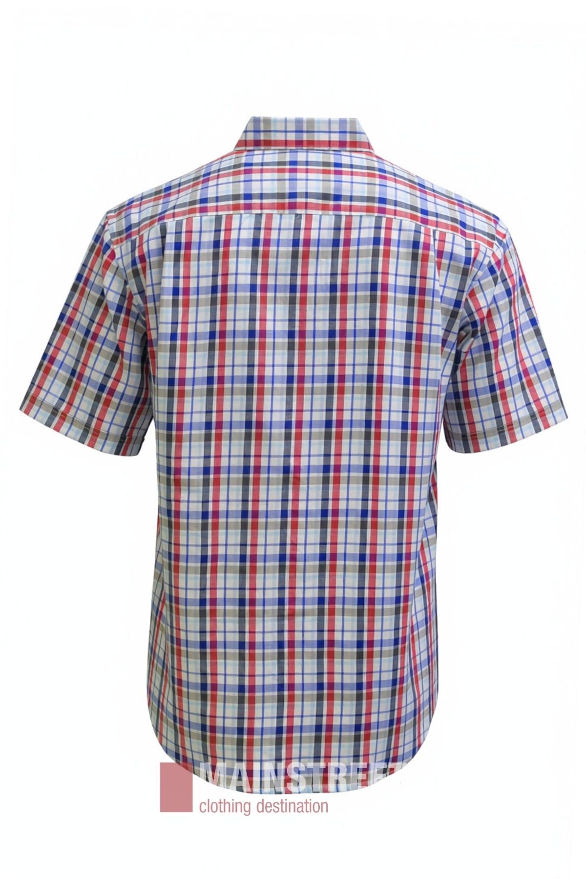 The Bisley Countryman Cotton Short Sleeve Shirt is displayed from the back against a white background, showcasing a red, blue, and white plaid pattern. This classic shirt combines timeless style with everyday comfort.