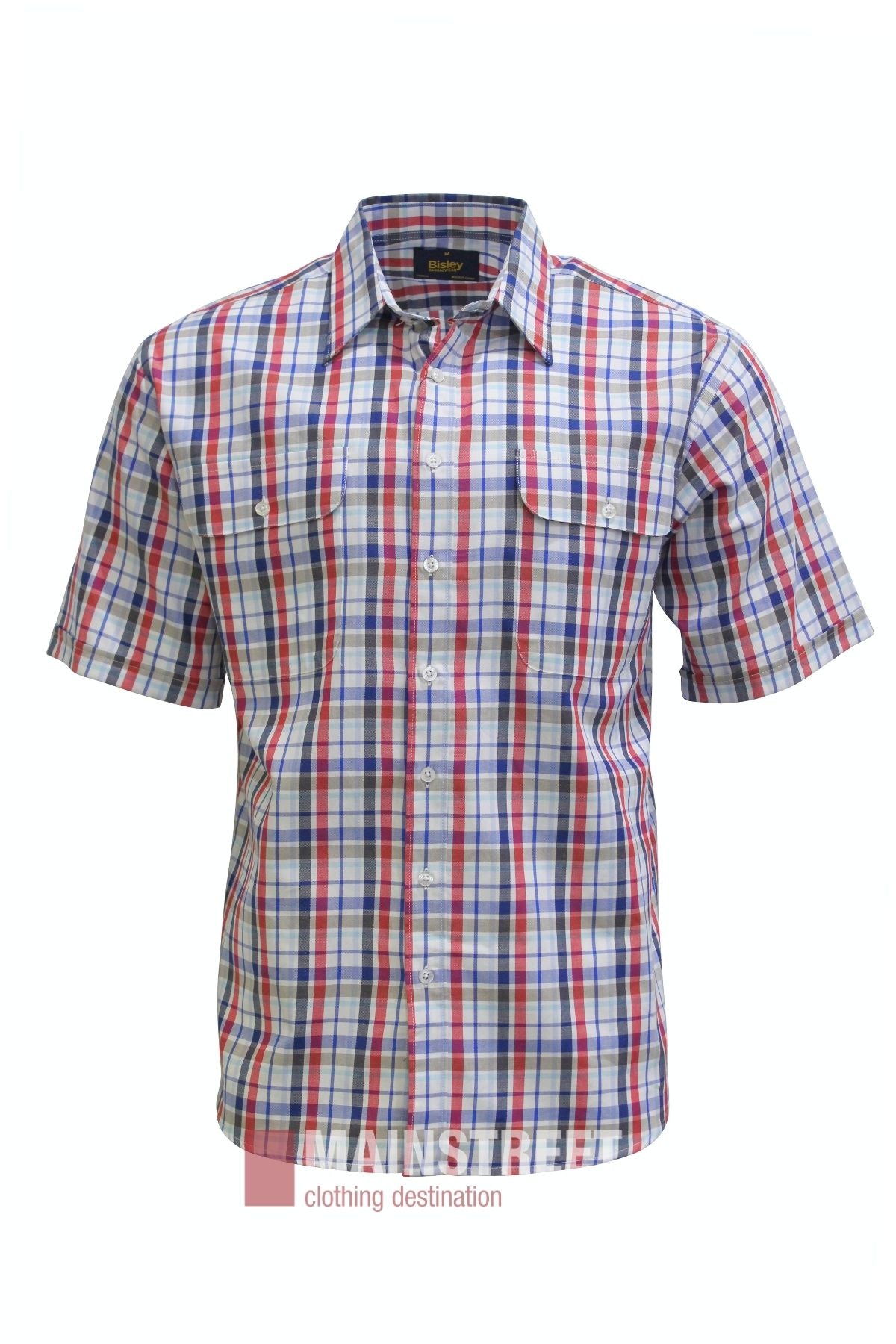 Bisley Countryman Cotton Short Sleeve Shirt featuring a red, blue, and white plaid pattern. Designed with short sleeves, a collared neckline, two chest pockets, and front button closure. Shown on a white background.