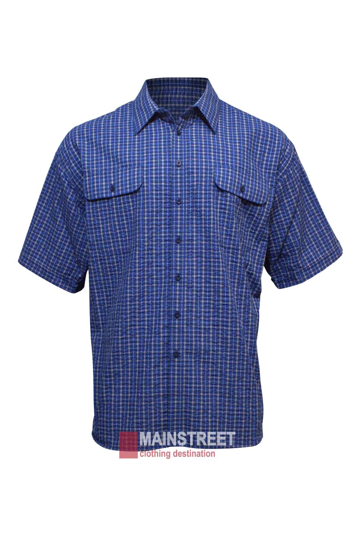 The Bisley Countryman Seersucker Short Sleeve Shirt features blue checkered fabric, two chest pockets, and a comfy polyester/cotton blend—shown against a white background with the MAINSTREET clothing destination logo at the bottom center.