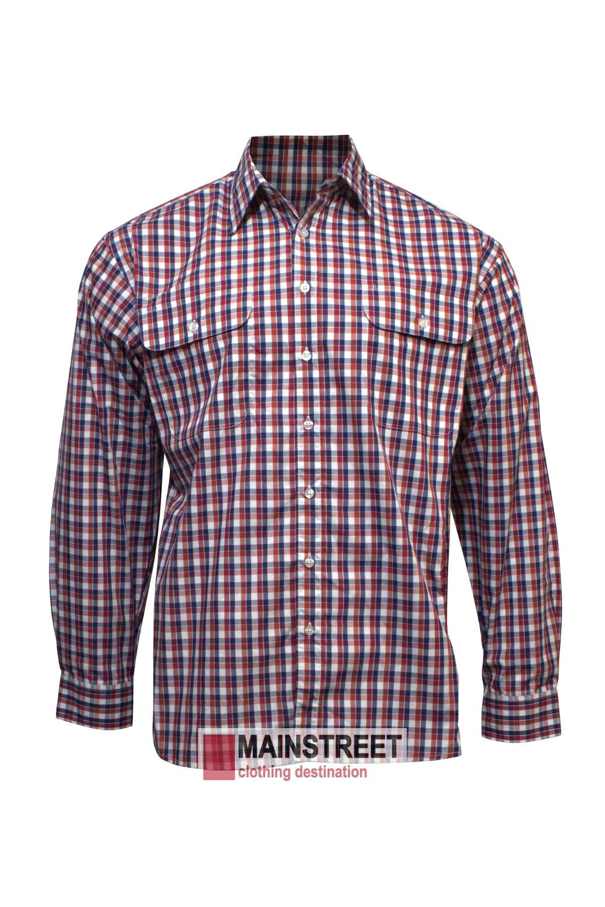 The Bisley Countryman Shirt, a long-sleeve button-up in red, white, and blue plaid, is shown on a white background. Made from a Polyester/Cotton blend, it has two chest pockets and the "MAINSTREET clothing destination" logo at the hem.