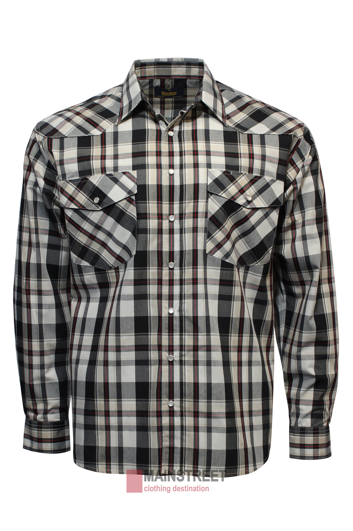 The Bisley Western Shirt is a long-sleeved, button-up garment showcasing a black, white, and maroon plaid pattern. Crafted from a durable Polyester/Cotton blend, it features two chest pockets with button flaps and is neatly displayed on a mannequin against a white background.