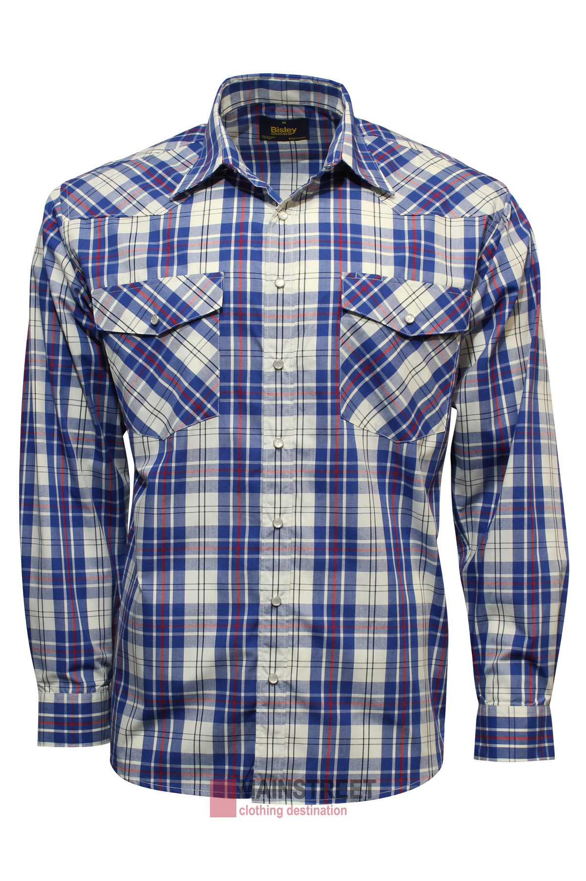 The Bisley Western Shirt boasts a long-sleeved plaid design in blue, white, and red. Made from a durable polyester/cotton blend, it features two front pockets with button flaps and a classic collar, capturing the iconic Bisley style.