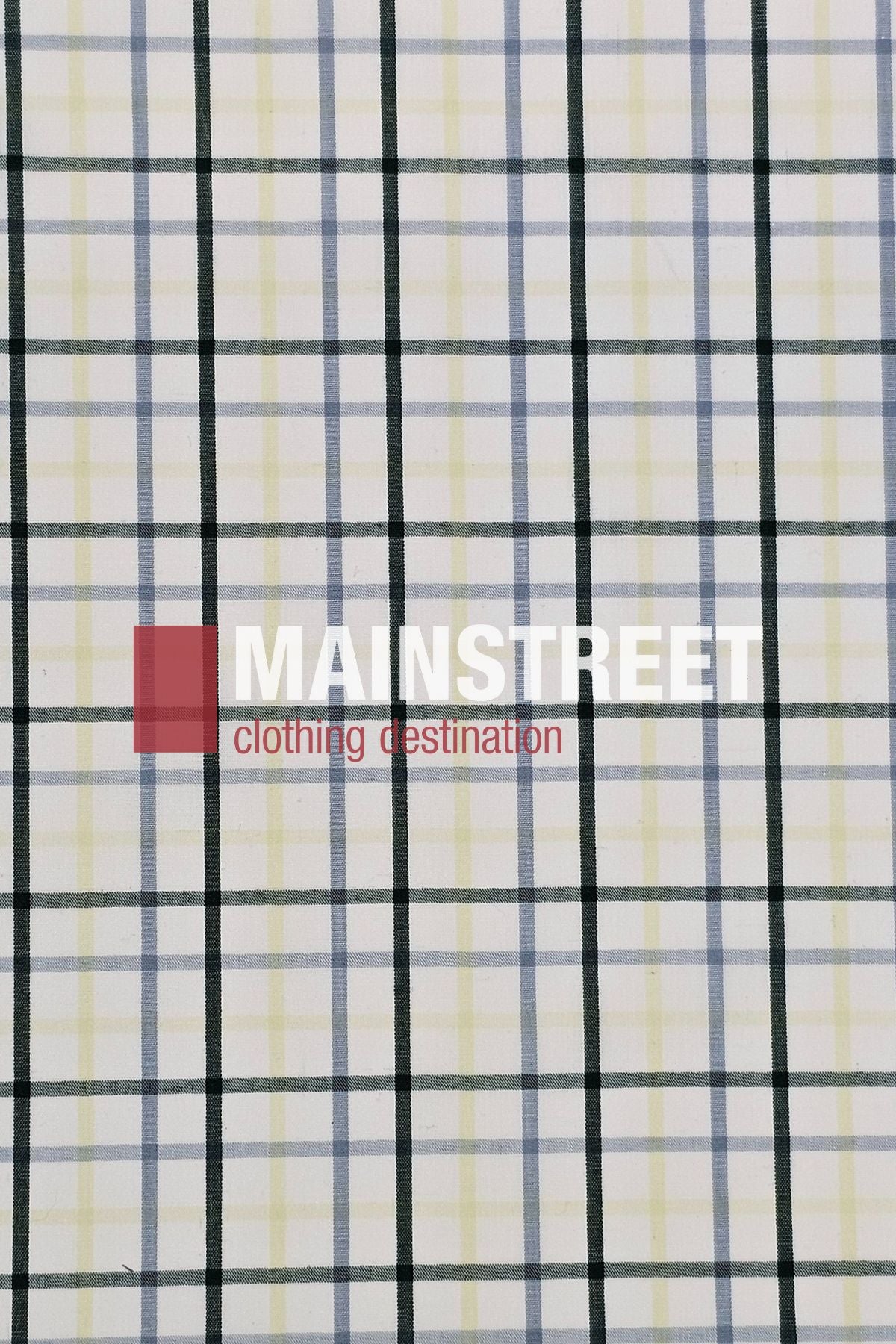 A plaid background with intersecting blue, black, and yellow lines features bold white text "Bisley Countryman Shirt" and smaller red text below reading "clothing destination.