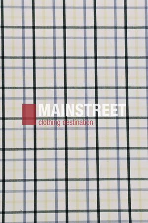 A plaid background with intersecting blue, black, and yellow lines features bold white text "Bisley Countryman Shirt" and smaller red text below reading "clothing destination.