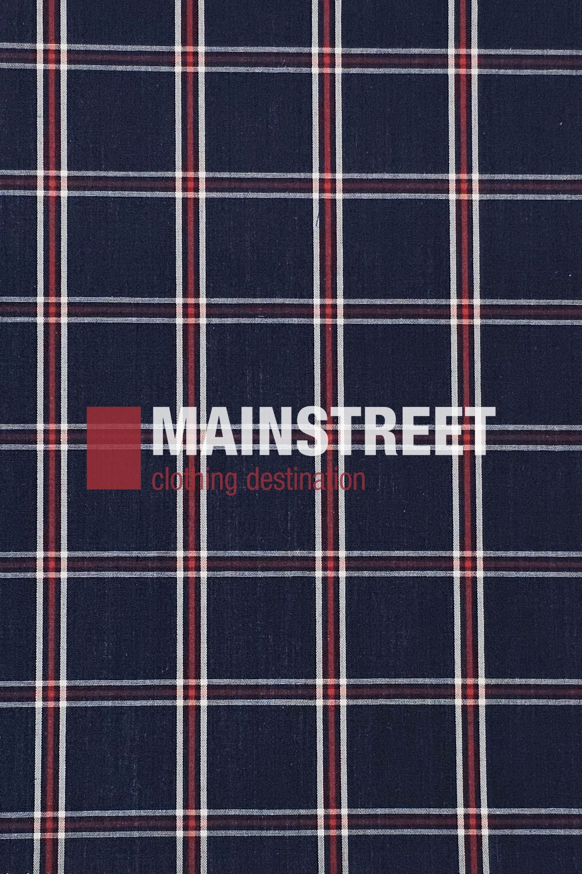 A navy blue fabric with white and red plaid lines, featuring "Bisley Countryman Shirt" displayed in bold white and smaller red letters.