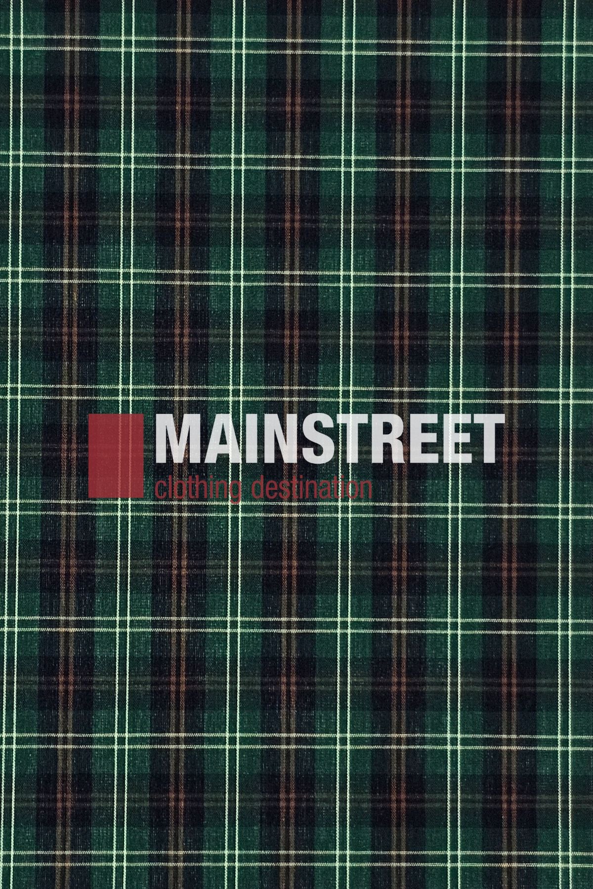 A green and black plaid fabric with white lines forms the background. Centered, a red square and gray text read "Bisley Countryman Shirt" with smaller red text below: "clothing destination.