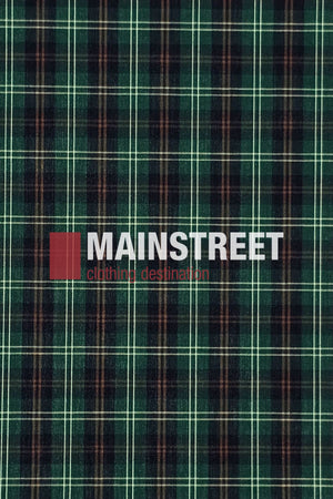 A green and black plaid fabric with white lines forms the background. Centered, a red square and gray text read "Bisley Countryman Shirt" with smaller red text below: "clothing destination.