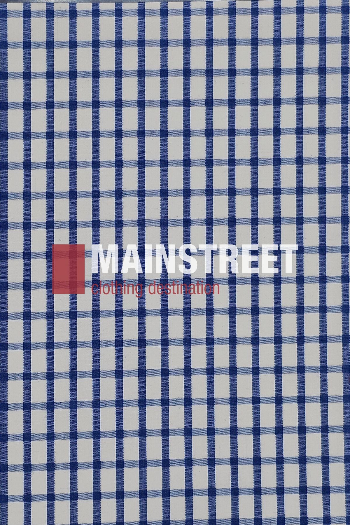 Blue and white checkered Bisley Countryman Shirt featuring "MAINSTREET clothing destination" printed in bold white and red letters over the check pattern.
