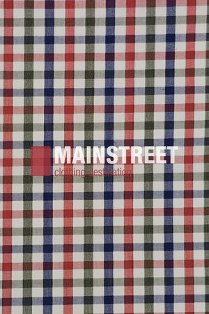 The Bisley Countryman Shirt features a checkered pattern in red, blue, green, and white with "MAINSTREET clothing destination" boldly printed in white and red across the center.