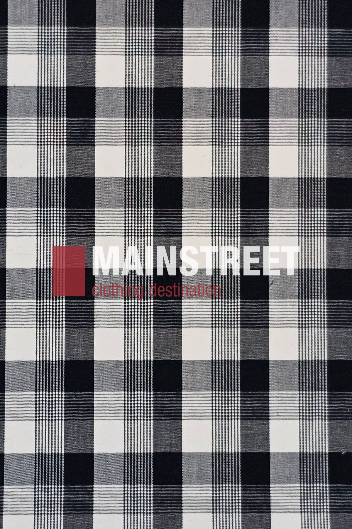Black and white plaid Bisley Countryman Shirt featuring bold white and red "MAINSTREET clothing destination" text across the center.