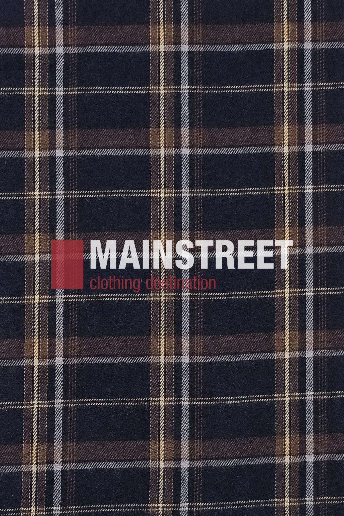 A navy blue, brown, and white plaid fabric background with "MAINSTREET clothing destination" in bold white and red text—perfect for highlighting the Bisley Countryman Brushed Shirt’s classic style.