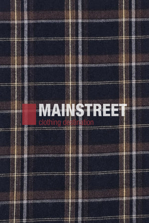 A navy blue, brown, and white plaid fabric background with "MAINSTREET clothing destination" in bold white and red text—perfect for highlighting the Bisley Countryman Brushed Shirt’s classic style.