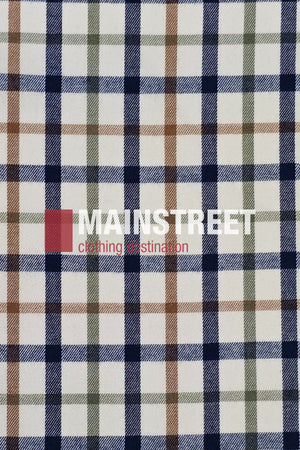 Plaid fabric pattern with navy, brown, and green lines on white. The words "MAINSTREET clothing destination" overlay the design, evoking the classic Bisley Countryman Brushed Shirt.