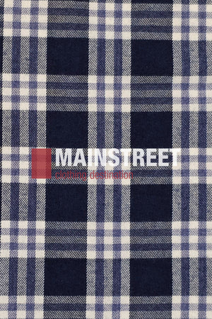 Blue and white plaid fabric pattern, reminiscent of a Bisley Countryman Brushed Shirt, with "MAINSTREET clothing destination" printed in bold white and red text across the center.