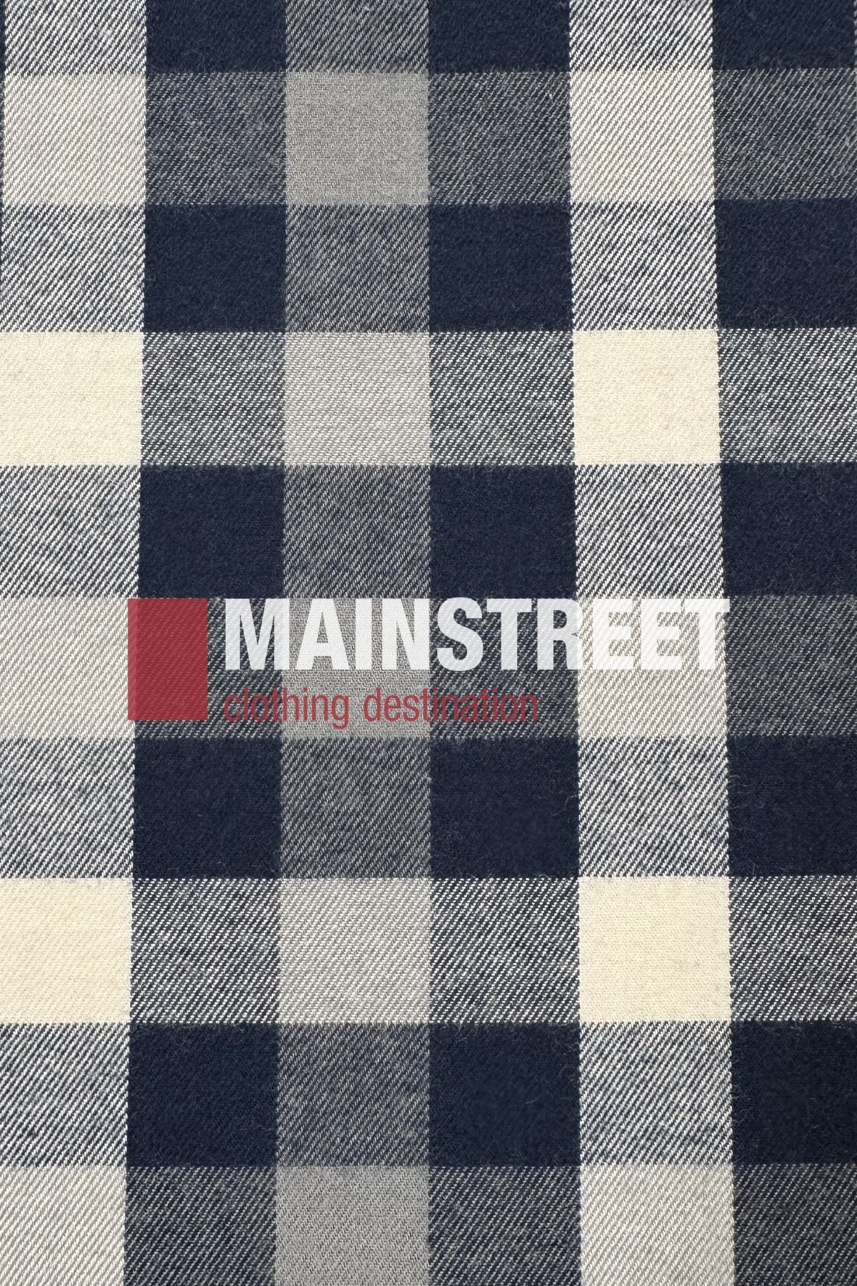 The Bisley Countryman Brushed Shirt is made from a polyester cotton blend in a navy blue, white, and gray plaid with "MAINSTREET clothing destination" printed on the fabric.