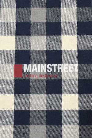 The Bisley Countryman Brushed Shirt is made from a polyester cotton blend in a navy blue, white, and gray plaid with "MAINSTREET clothing destination" printed on the fabric.
