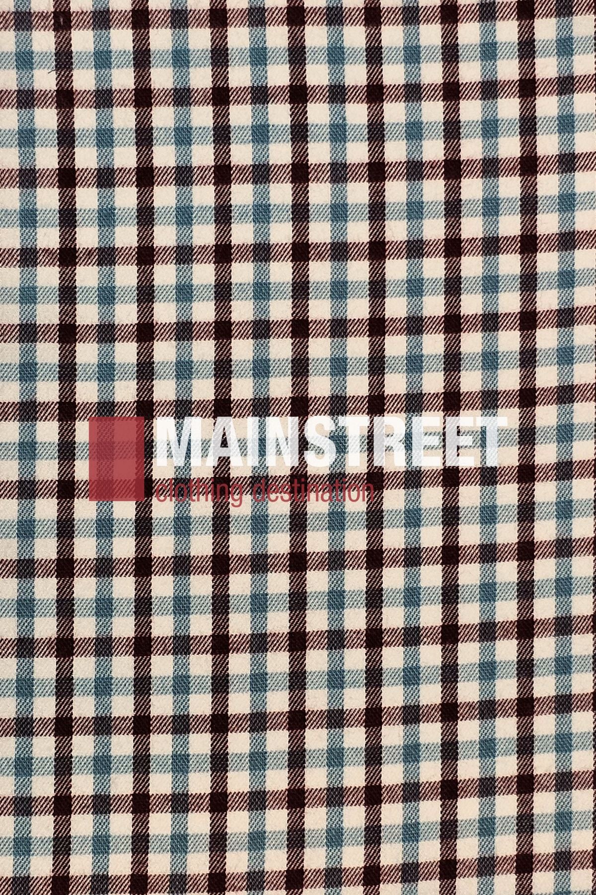 Featuring a plaid pattern in burgundy, black, and white like the Bisley Countryman Brushed Shirt, this fabric is overlaid with "MAINSTREET" and "emerging destination" in bold white and red text.