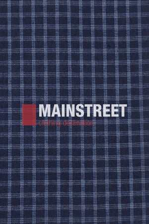 A blue and black checkered fabric background with "MAINSTREET" in bold white letters and "clothing destination" in smaller red over a red square, evoking the classic style of a Bisley Countryman Brushed Shirt.