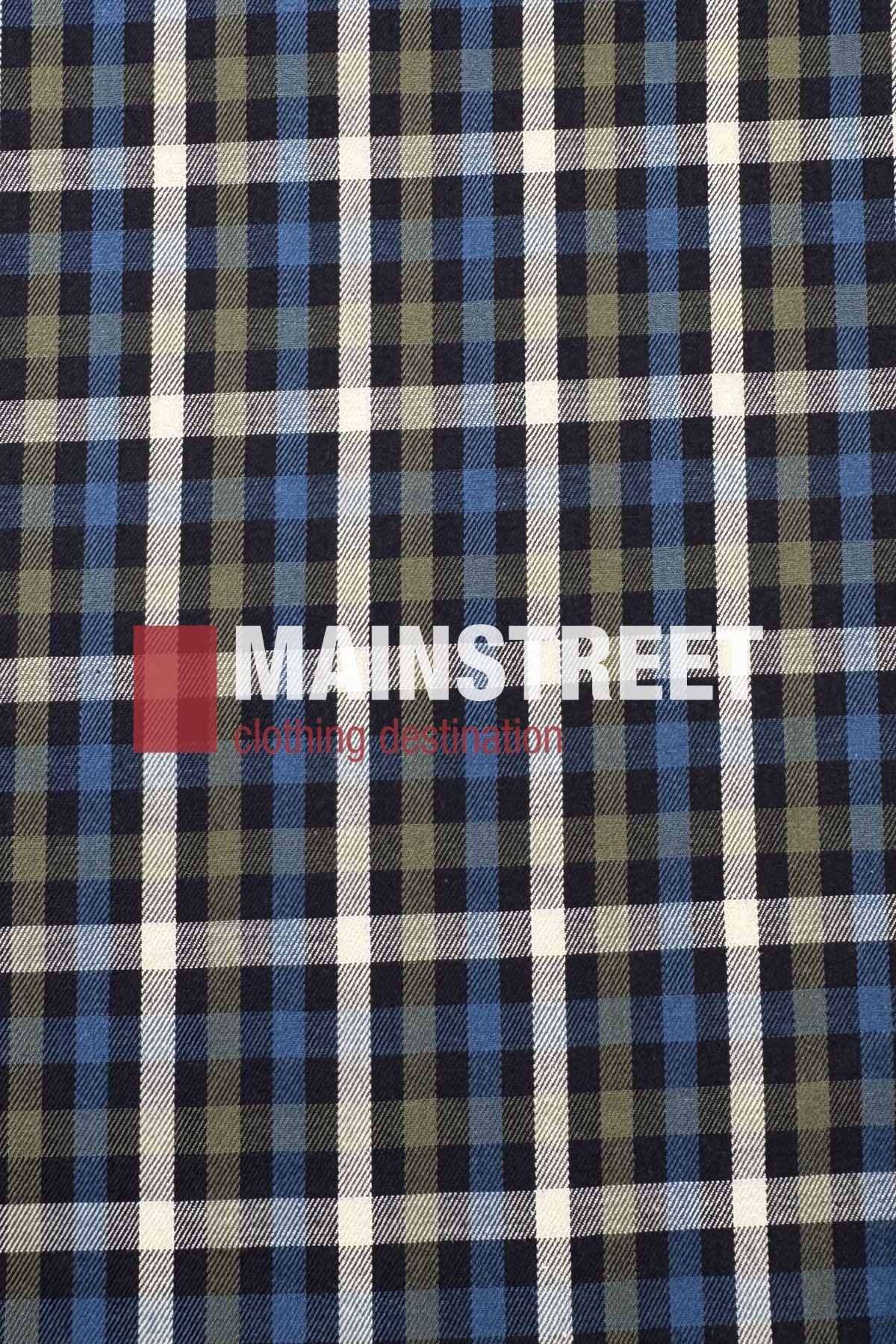 Blue, black, and white plaid fabric background with “MAINSTREET clothing destination” in white and red text across the center, inspired by the classic Bisley Countryman Cotton Shirt style.