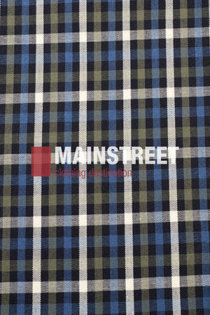 Blue, black, and white plaid fabric background with “MAINSTREET clothing destination” in white and red text across the center, inspired by the classic Bisley Countryman Cotton Shirt style.