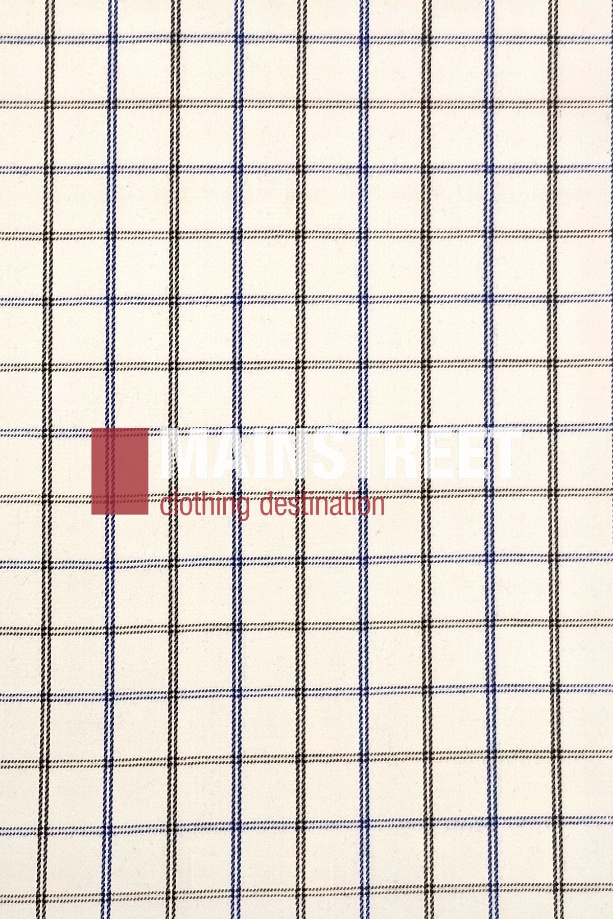 The Bisley Countryman Cotton Shirt is a white shirt with a grid of thin black and blue lines. "MAIN STREET clothing destination" appears faintly across the center.