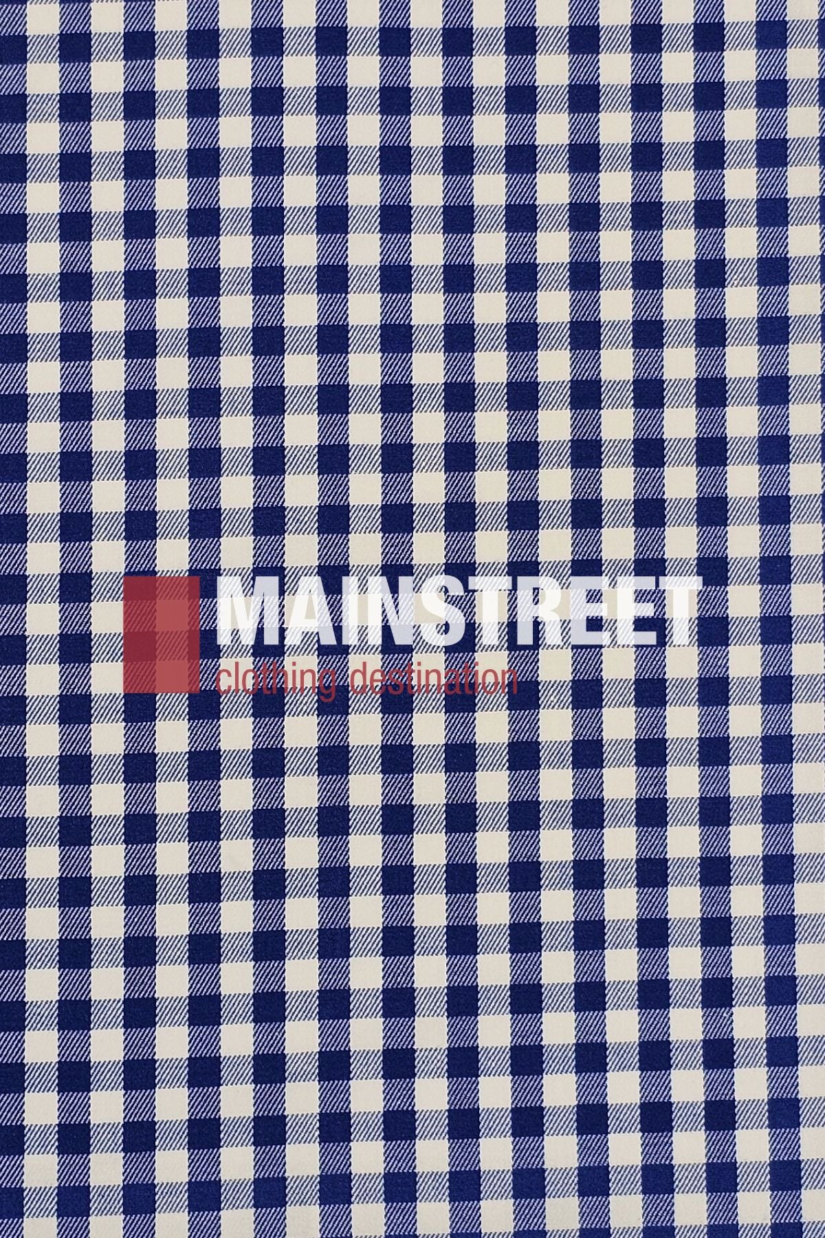 A blue and white checkered gingham pattern with "MAINSTREET clothing destination" in bold white and smaller red letters in the center, reflecting the timeless look of the Bisley Countryman Cotton Shirt.