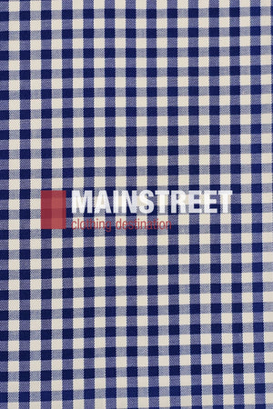 A blue and white checkered gingham pattern with "MAINSTREET clothing destination" in bold white and smaller red letters in the center, reflecting the timeless look of the Bisley Countryman Cotton Shirt.