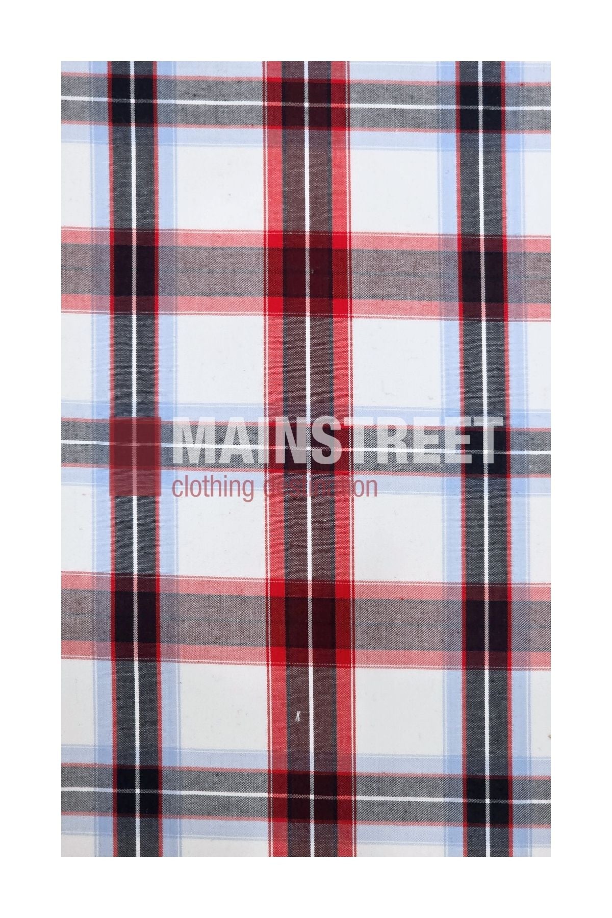 Plaid fabric pattern featuring red, black, gray, and white stripes. Crafted from a soft Polyester Cotton blend inspired by the Bisley Western Shirt style. The words “MAINSTREET clothing co.” are printed across the center in a mix of bold and regular text.