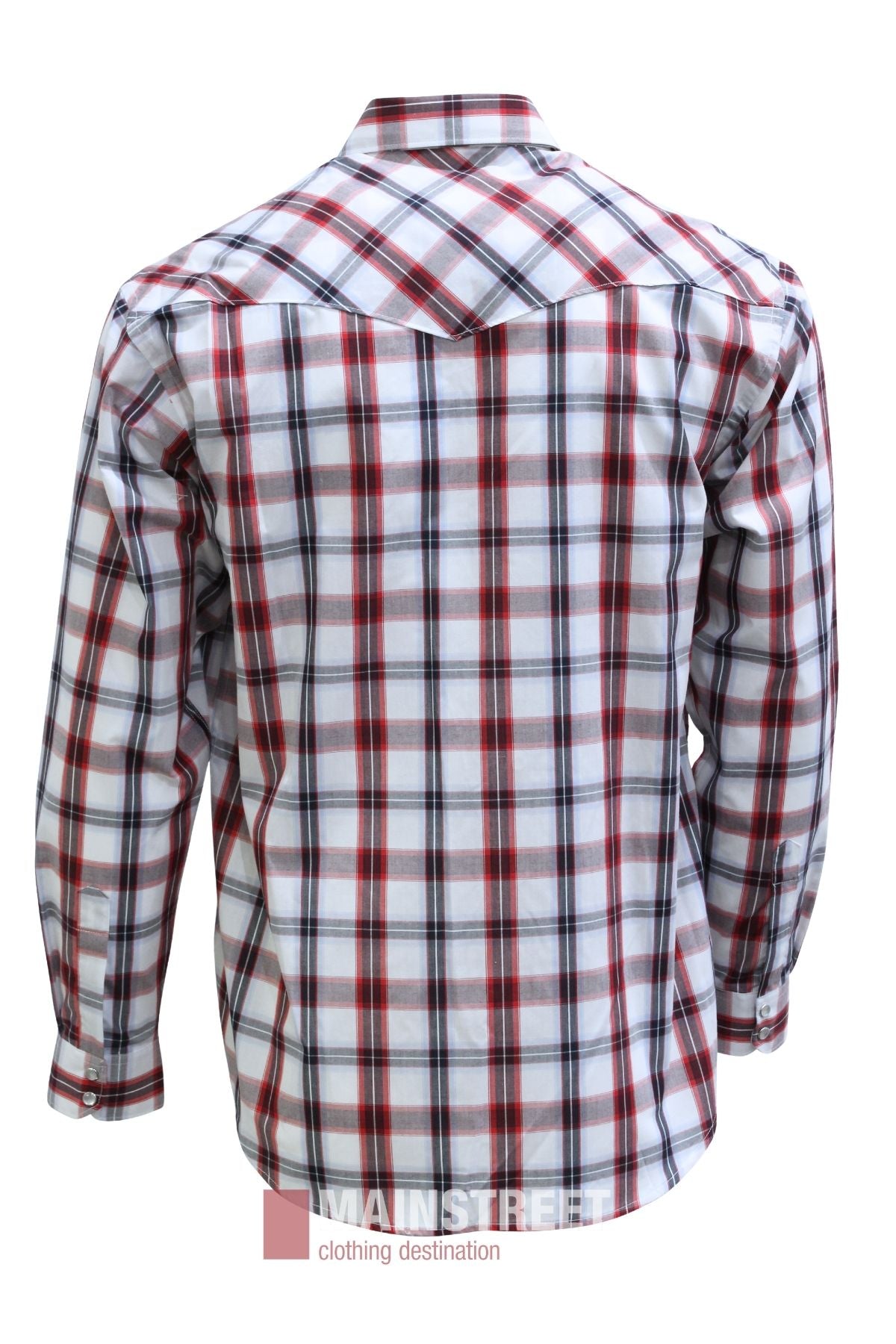The Bisley Western Shirt is a long-sleeve button-up Western shirt featuring a red, black, and white plaid pattern, crafted from a comfortable polyester-cotton blend. It is shown from the back against a white background.