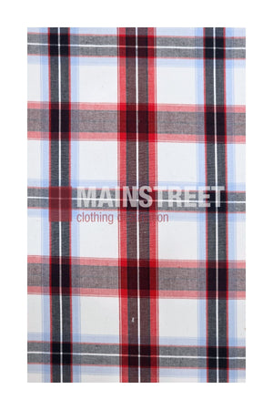 Plaid fabric pattern featuring red, black, gray, and white stripes. Crafted from a soft Polyester Cotton blend inspired by the Bisley Western Shirt style. The words “MAINSTREET clothing co.” are printed across the center in a mix of bold and regular text.