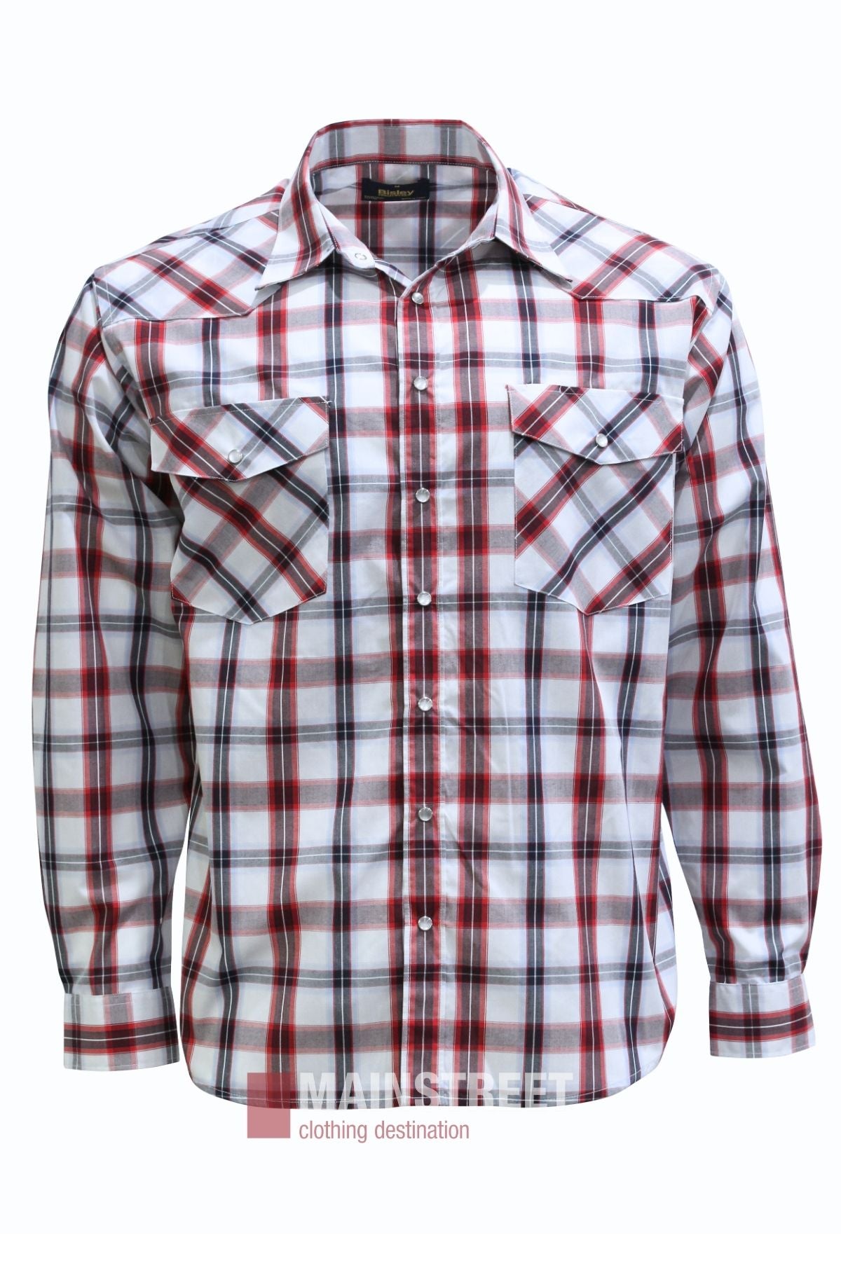 The Bisley Western Shirt is a long-sleeve, button-up Western shirt featuring a red, black, and white plaid pattern. Made from a comfortable polyester-cotton blend and designed with two front chest pockets, it is displayed against a plain white background.
