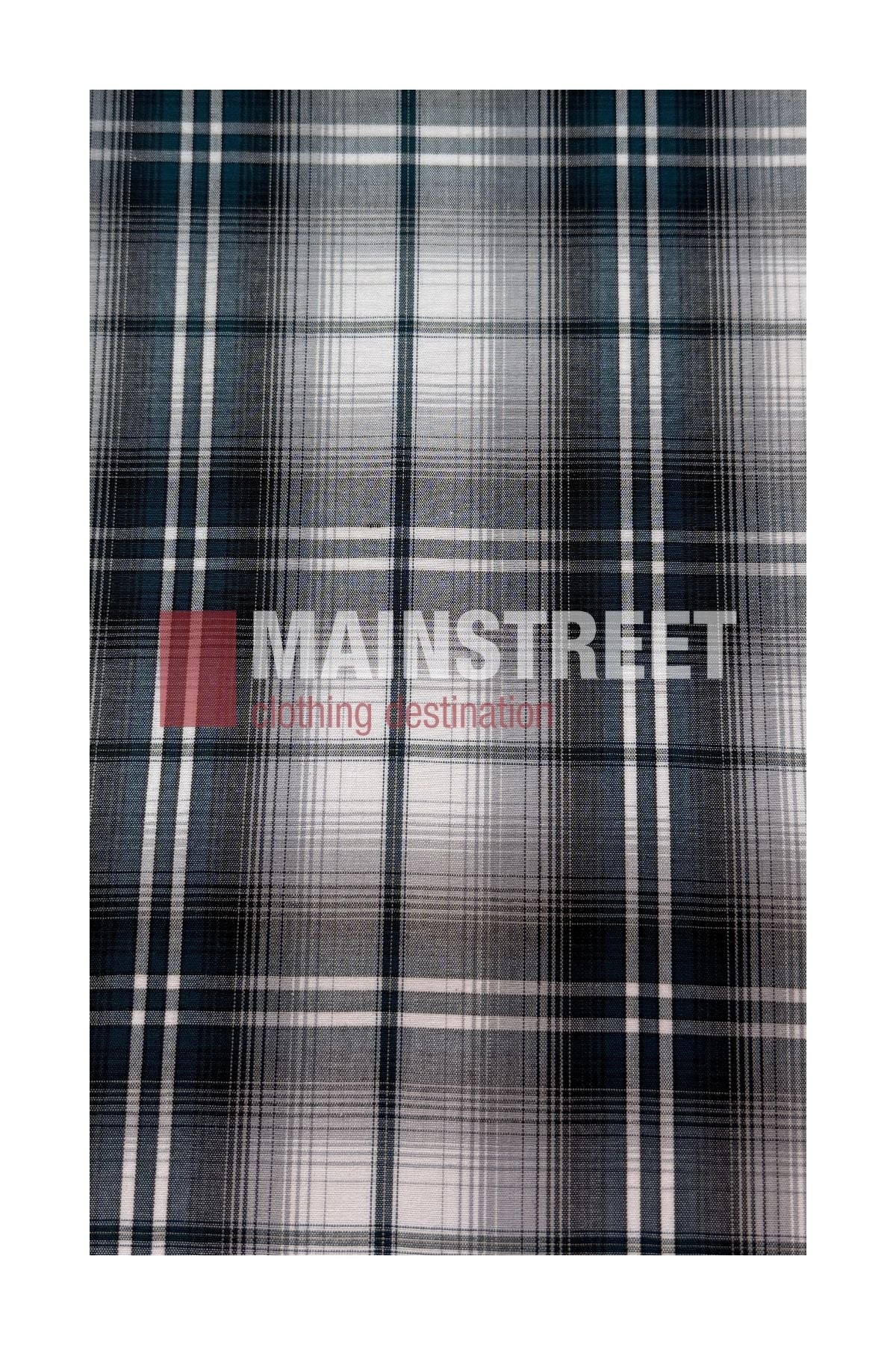 A blue, black, and white plaid pattern with “MAINSTREET clothing destination” text overlaid in the center, capturing the timeless style of a classic Bisley Western Shirt.