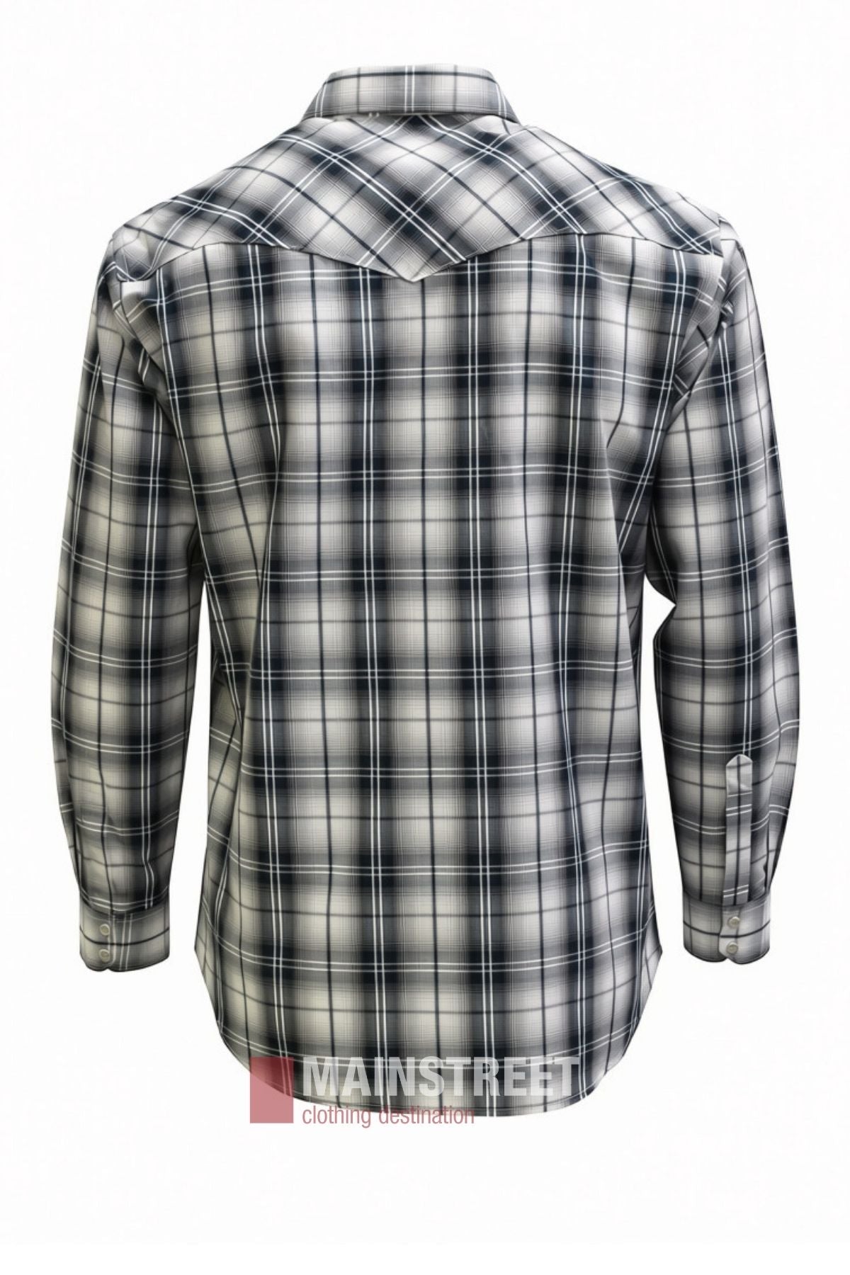 Back view of the Bisley Western Shirt, a long-sleeve, black and white plaid shirt with a collar, crafted from a durable polyester cotton blend. The shirt is displayed on a white background with the “MAINSTREET clothing destination” logo shown at the bottom.