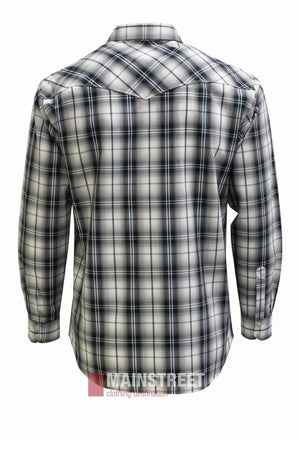 Back view of the Bisley Western Shirt, a long-sleeve, black and white plaid shirt with a collar, crafted from a durable polyester cotton blend. The shirt is displayed on a white background with the “MAINSTREET clothing destination” logo shown at the bottom.
