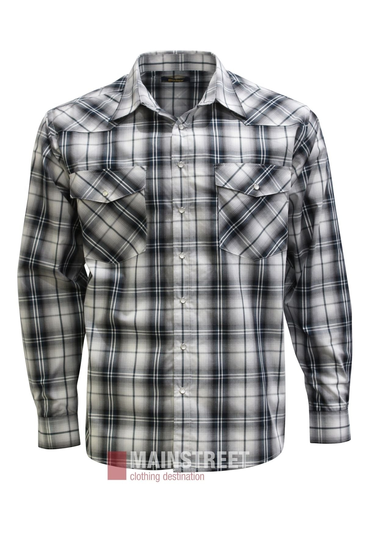 Bisley Western Shirt: A long-sleeve button-up Western shirt featuring a black, white, and gray plaid pattern, two chest pockets, a classic collar, and made from a comfortable polyester-cotton blend. “MAINSTREET clothing destination” appears at the bottom of the image.