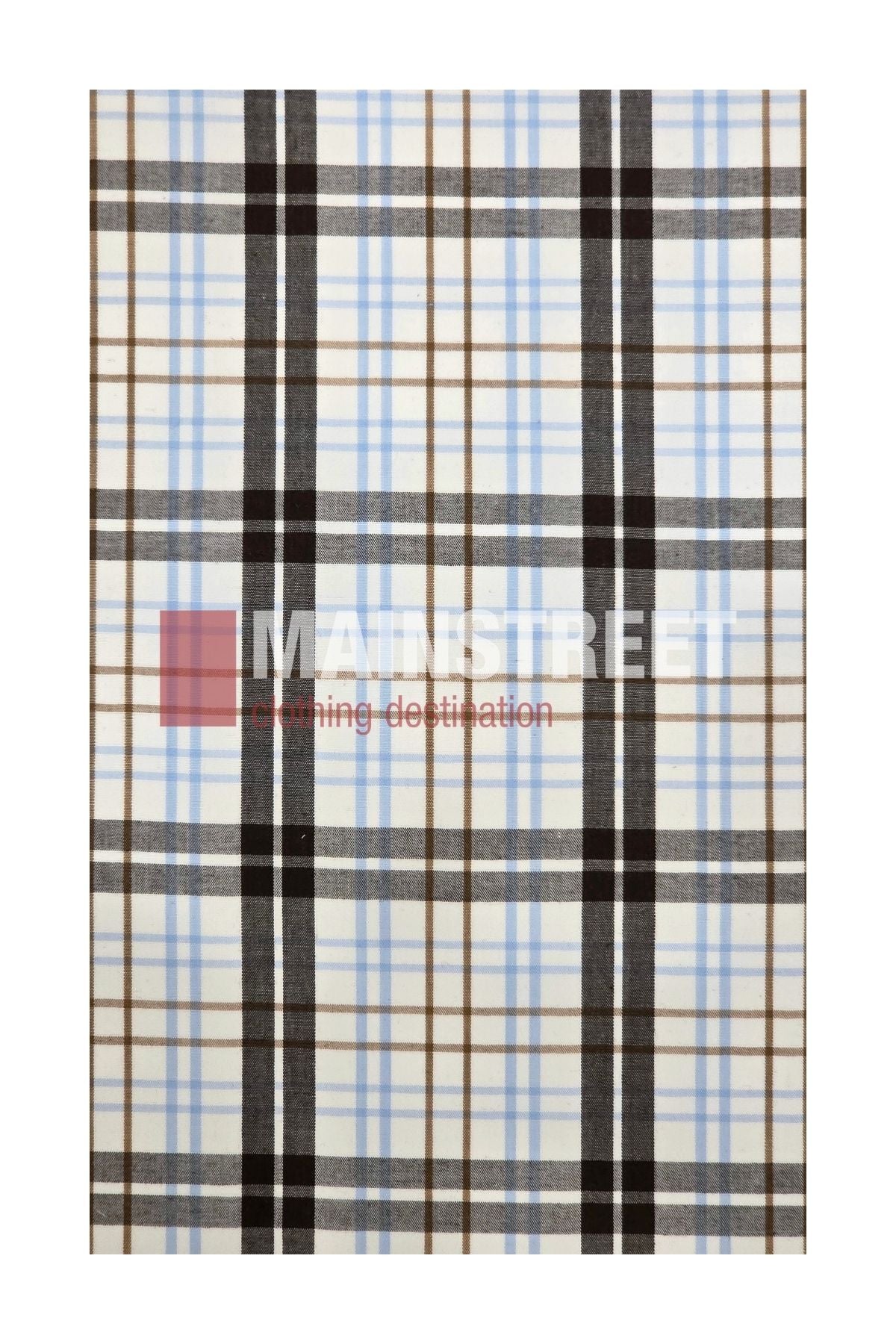 A fabric from the Bisley Western Shirt features a plaid pattern in black, brown, blue, and white lines, evoking a classic Western shirt style. The words “MAINSTREET clothing destination” are subtly visible at the center, providing understated branding on this durable polyester-cotton blend.