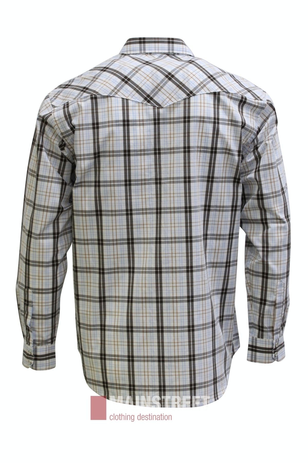 Back view of the Bisley Western Shirt, showcasing its long sleeves and white base with a plaid pattern in gray, black, and light brown. Made from a durable polyester-cotton blend, this shirt includes classic yoke detailing and is presented against a plain white background.